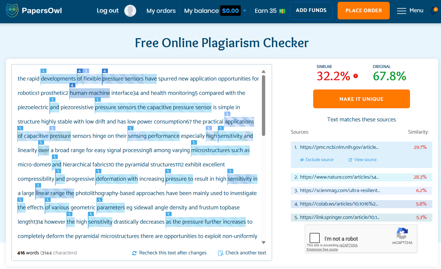 PapersOwl plagiarism checker couldn’t identify the plagiarized source and gave the wrong plagiarism score.