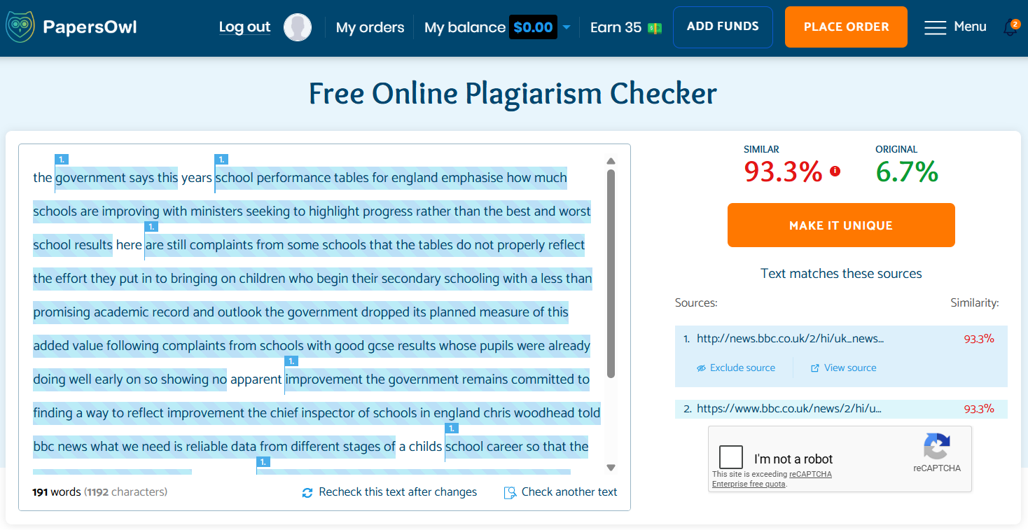 PapersOwl plagiarism checker correctly identified the content as plagiarised.