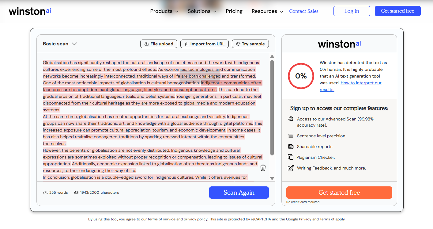 Winston AI correctly flagged the ChatGPT-generated text as 100% AI-written.
