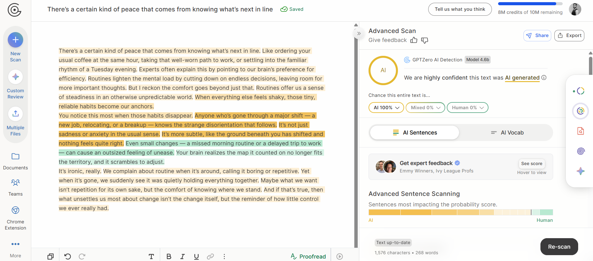 GPTZero correctly detected AI-generated and humanized text by HyperWrite AI as 100% AI.