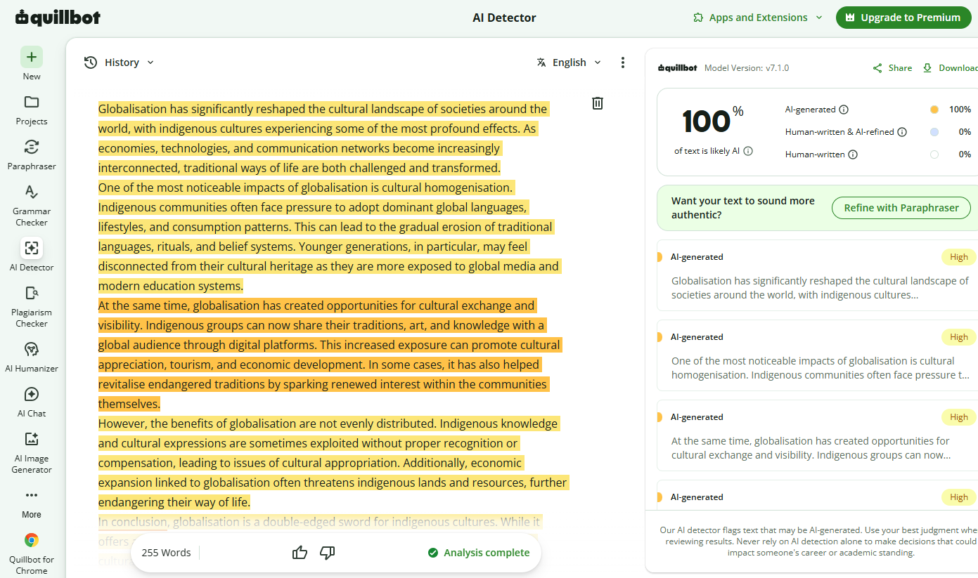 QuillBot correctly flagged the ChatGPT-generated text as 100% AI-written.