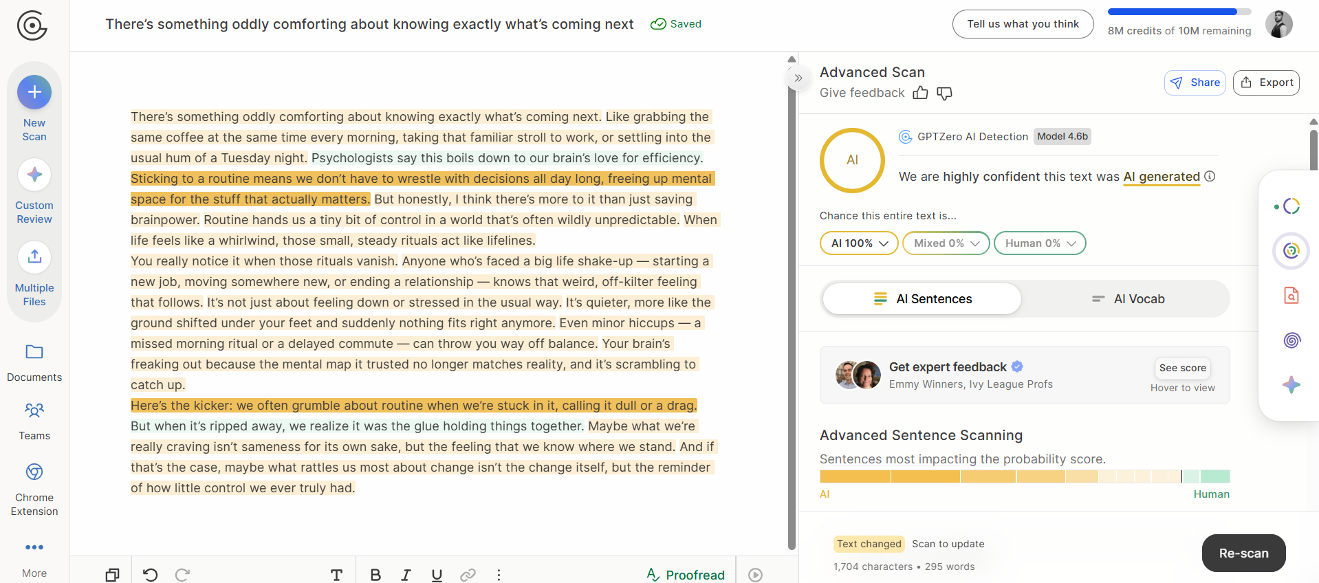 GPTZero correctly detected AI-generated and humanized text by HyperWrite AI as 100% AI.