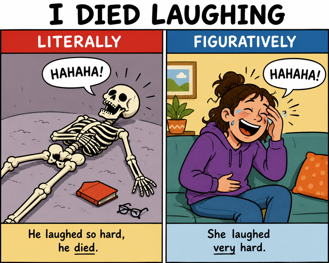 A comic illustration of a skeleton who literally died laughing compared to a woman who is figuratively dying laughing.