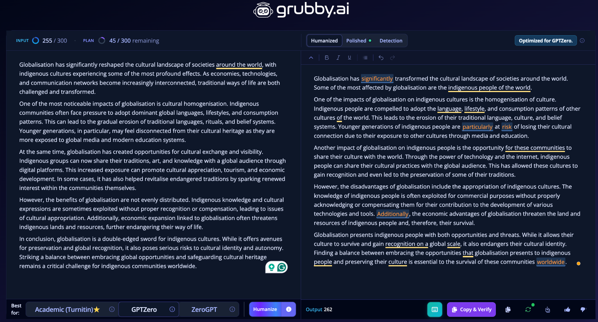 Grubby AI’s humanized version of the AI-generated text.
