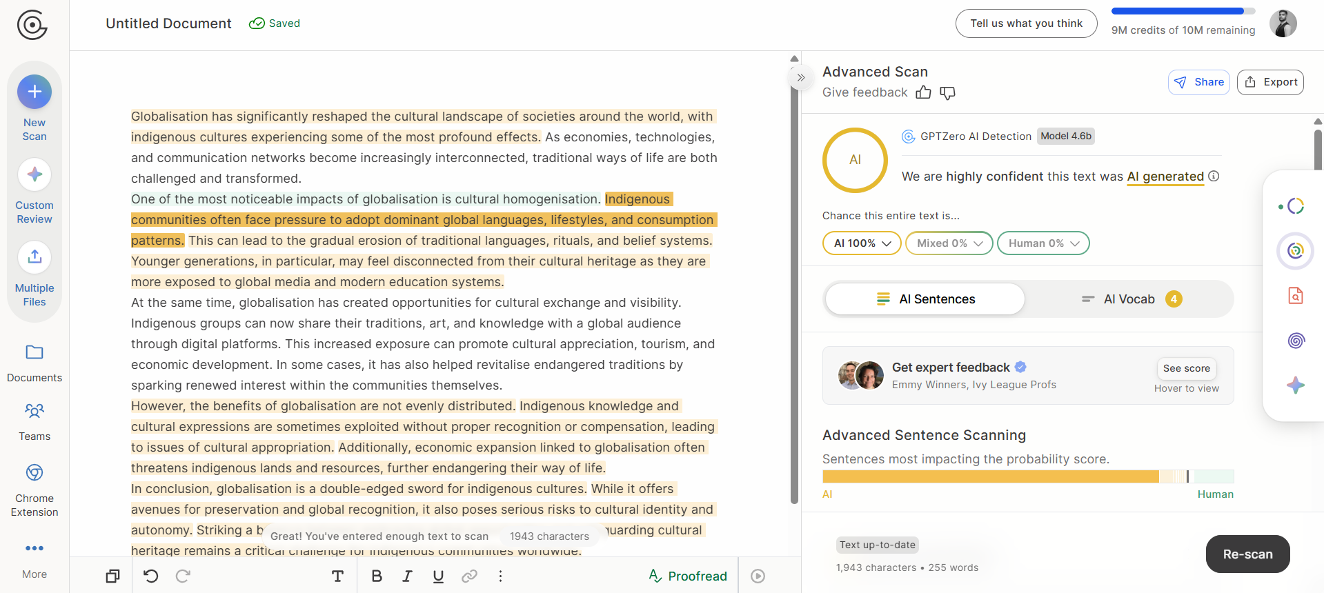 GPTZero correctly flagged the ChatGPT-generated text as 100% AI-written.