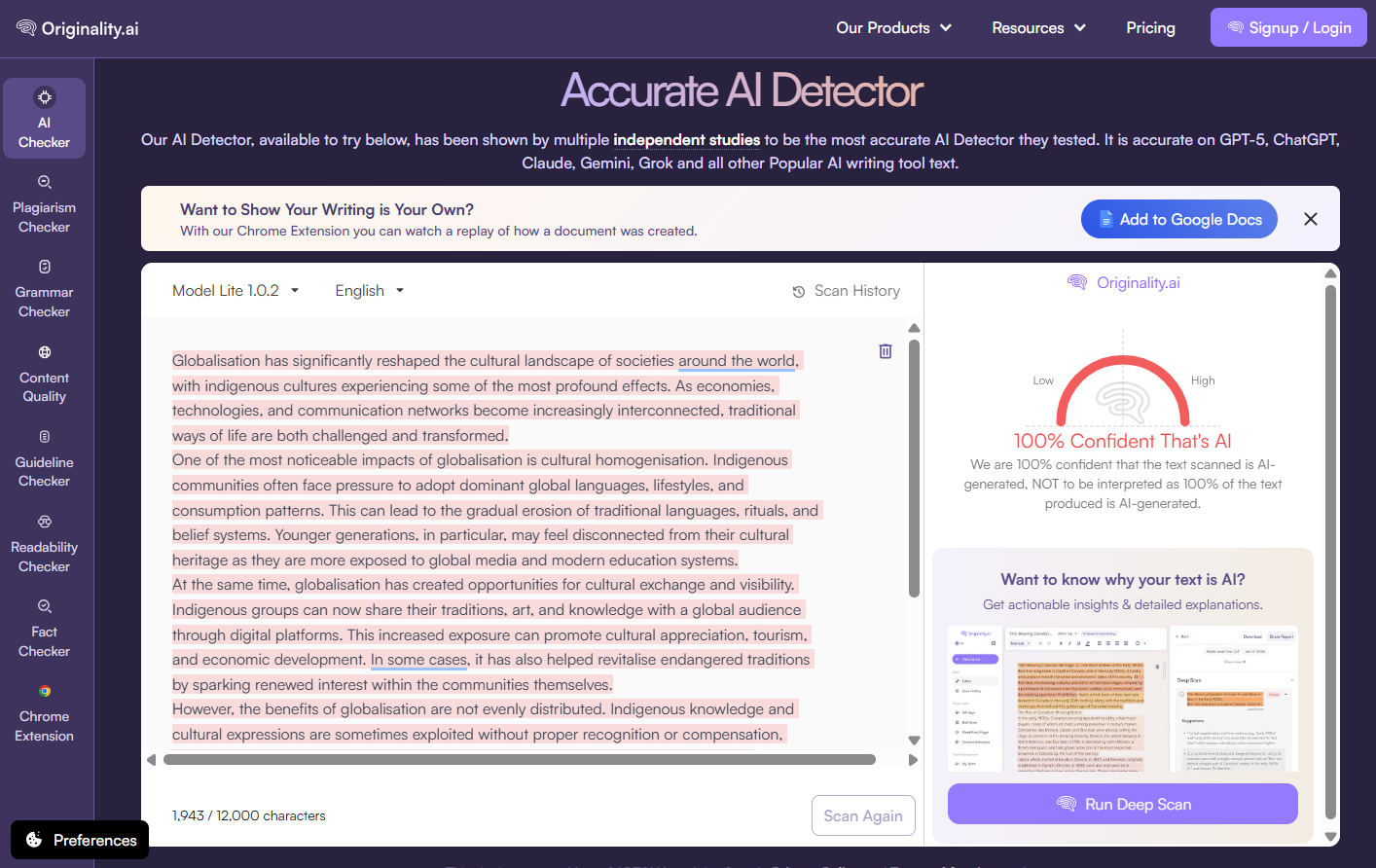 Originality AI correctly flagged the ChatGPT-generated text as 100% AI-written.