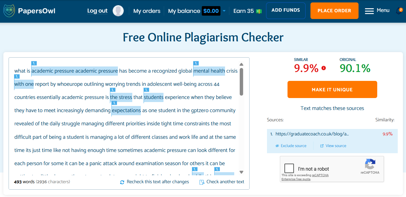 PapersOwl plagiarism checking dashboard.
