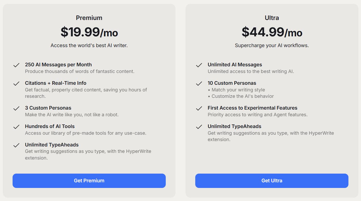 HyperWrite AI pricing plans.