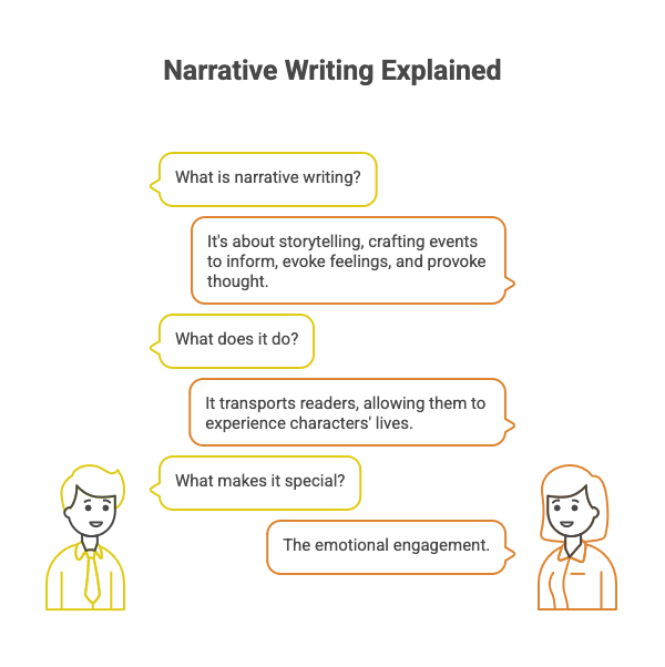 A drawing of a dialogue between two people discussing what narrative writing is, what it does, and what makes it special.