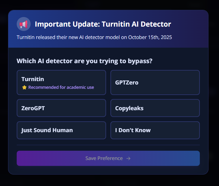 Grubby AI’s options of AI detectors to bypass.