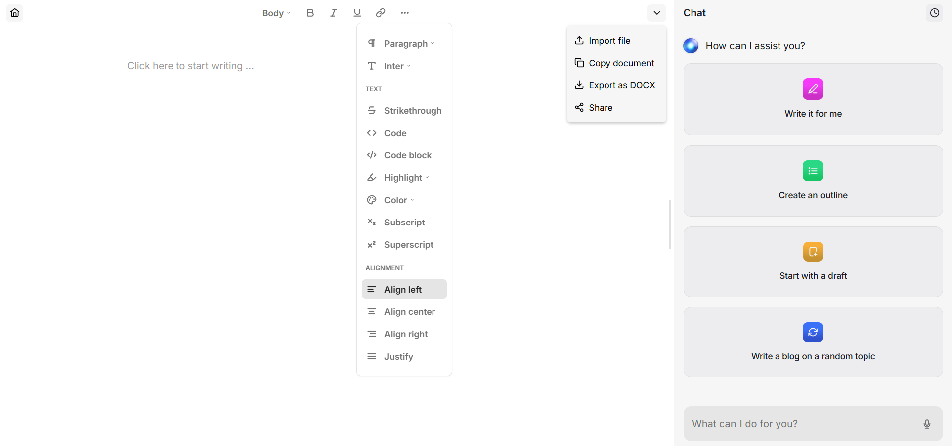 HyperWrite AI document editor.