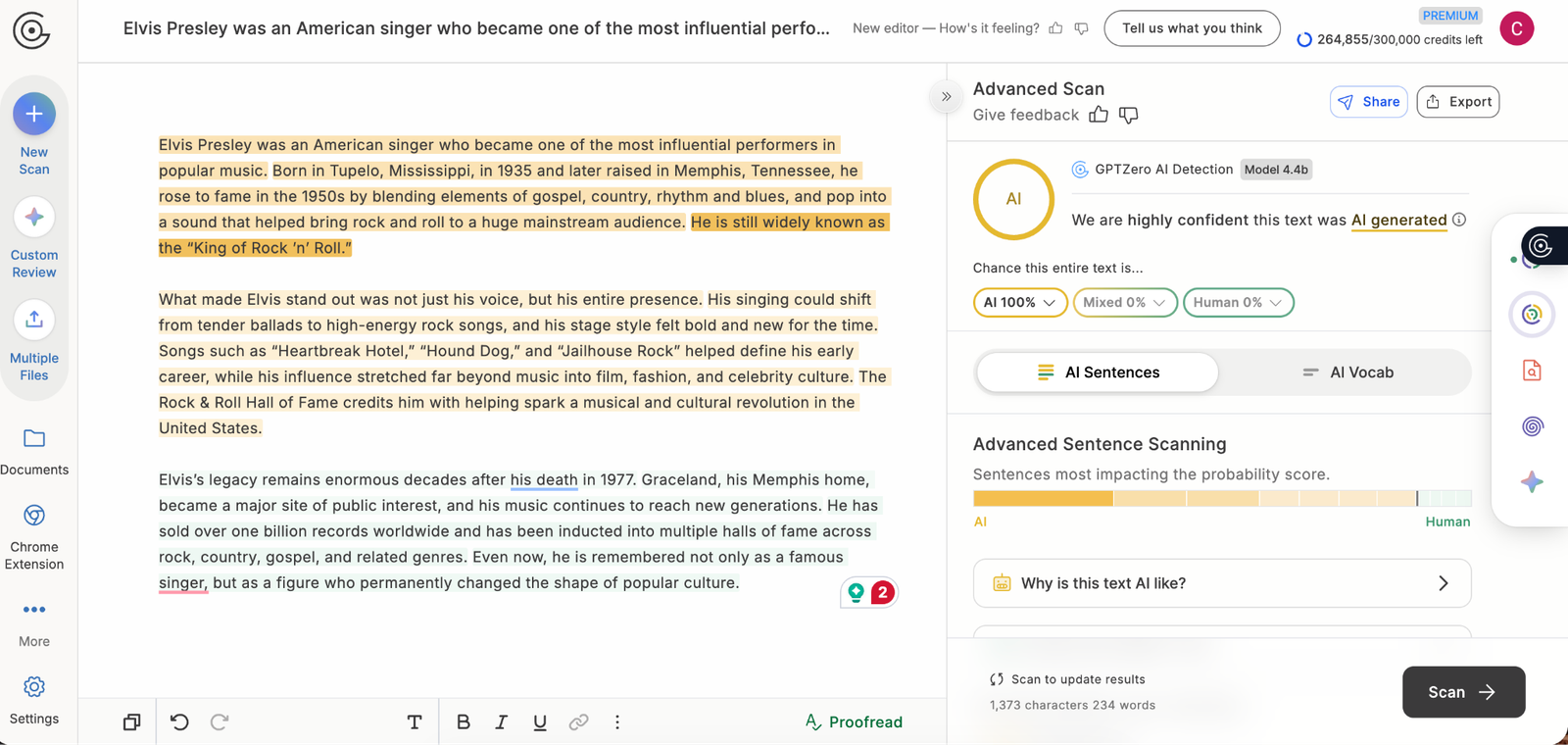 Ejemplo de cómo se ve la detección de IA de GPTZero