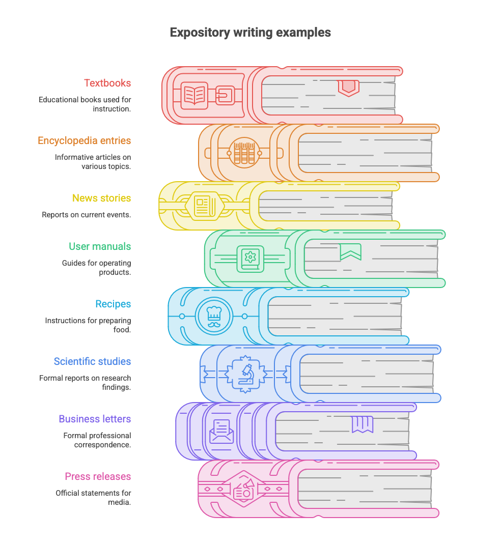 A colourful stack of books representing expository writing examples.