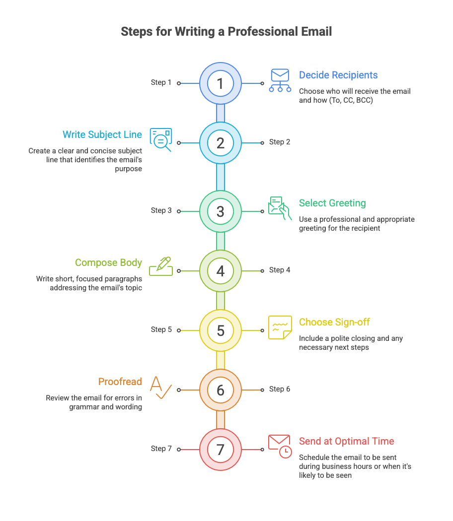 Infographic showing the 7 steps to writing a polished professional email.