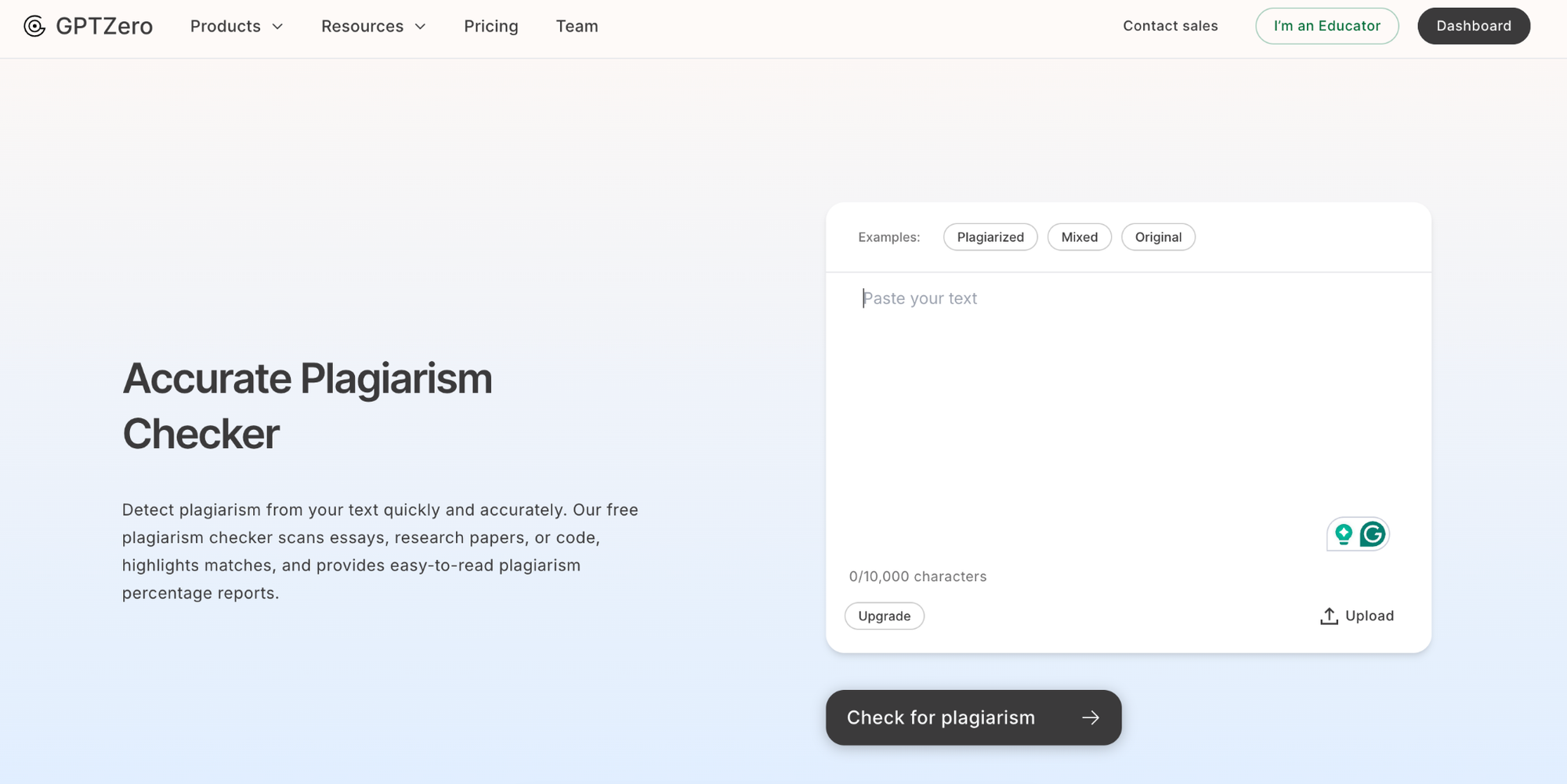 GPTZero Plagiarism checker screenshot