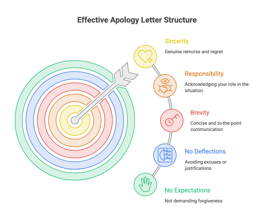 Infographic of an arrow hitting the center of a target that lists sincerity, responsibility, brevity, no deflections, and no expectations as the traits of an effective apology letter.