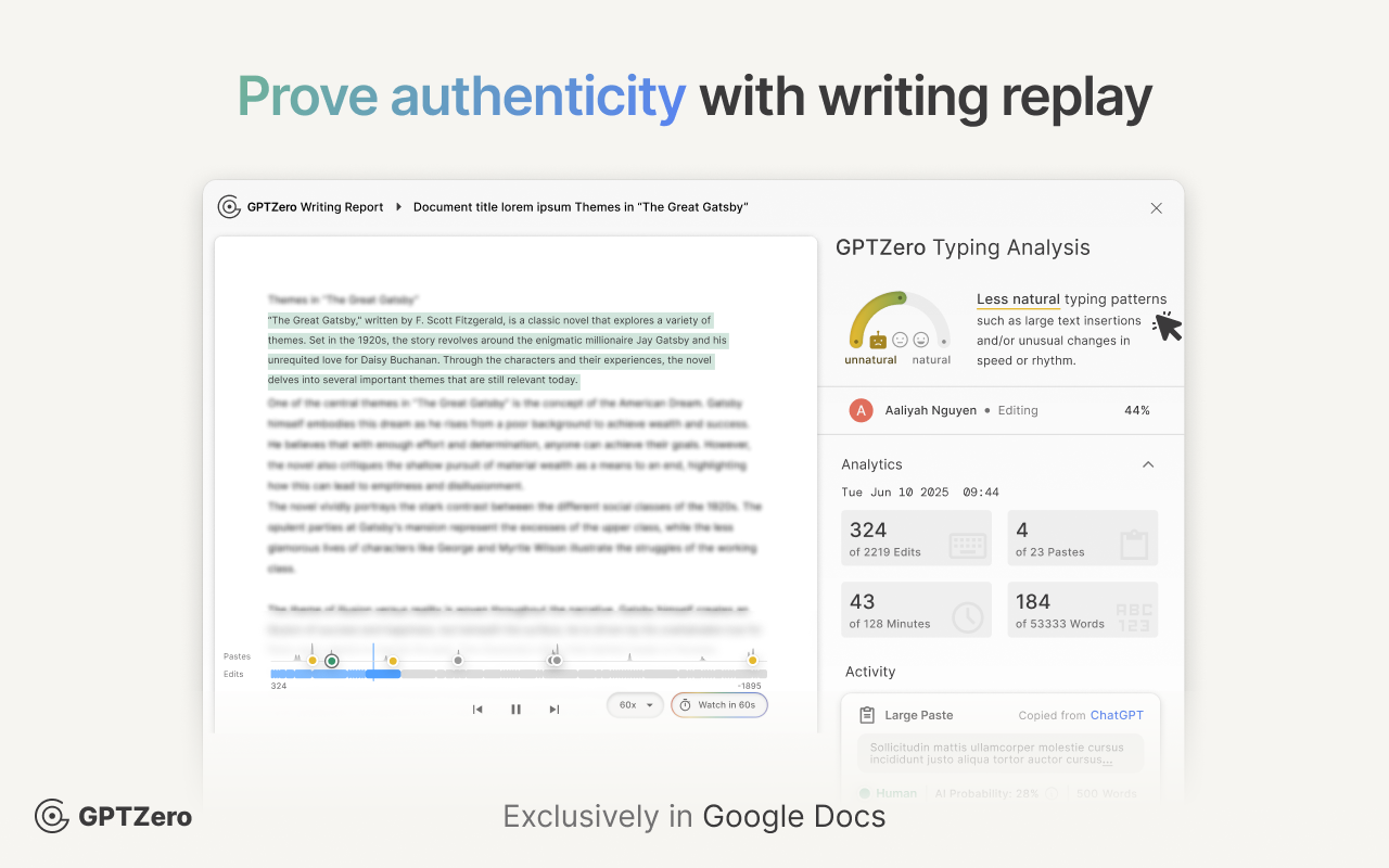GPTZero Writing Replay screenshot