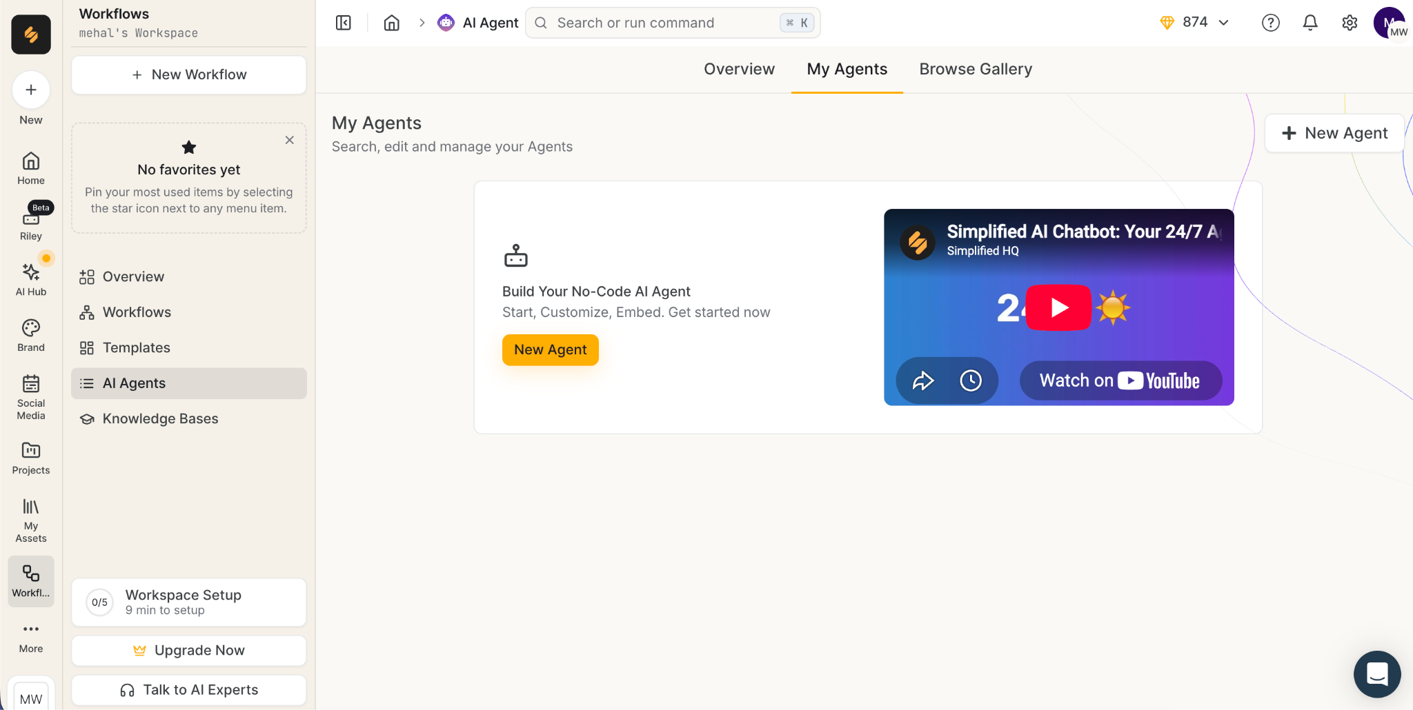 Dashboard where you can create no-code AI agents in Simplified AI.