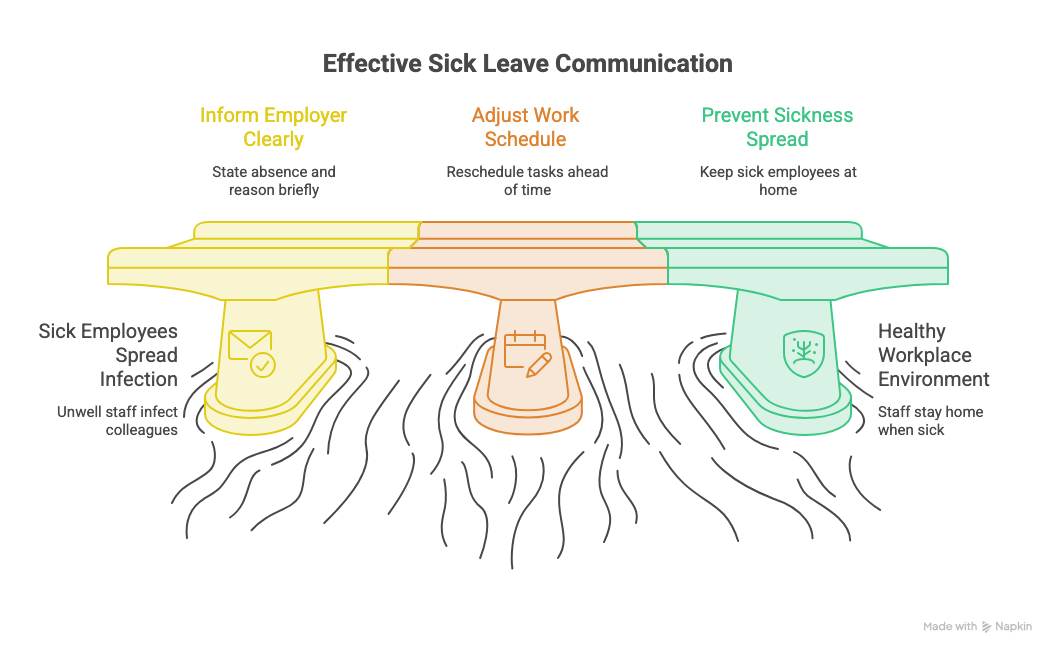 Infographic with colourful sections of a bridge listing the benefits of sending a sick leave email.