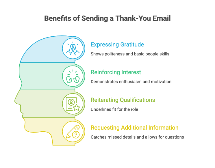 Four-point infographic on the benefits of sending a thank-you email in the shape of a person’s face in profile.