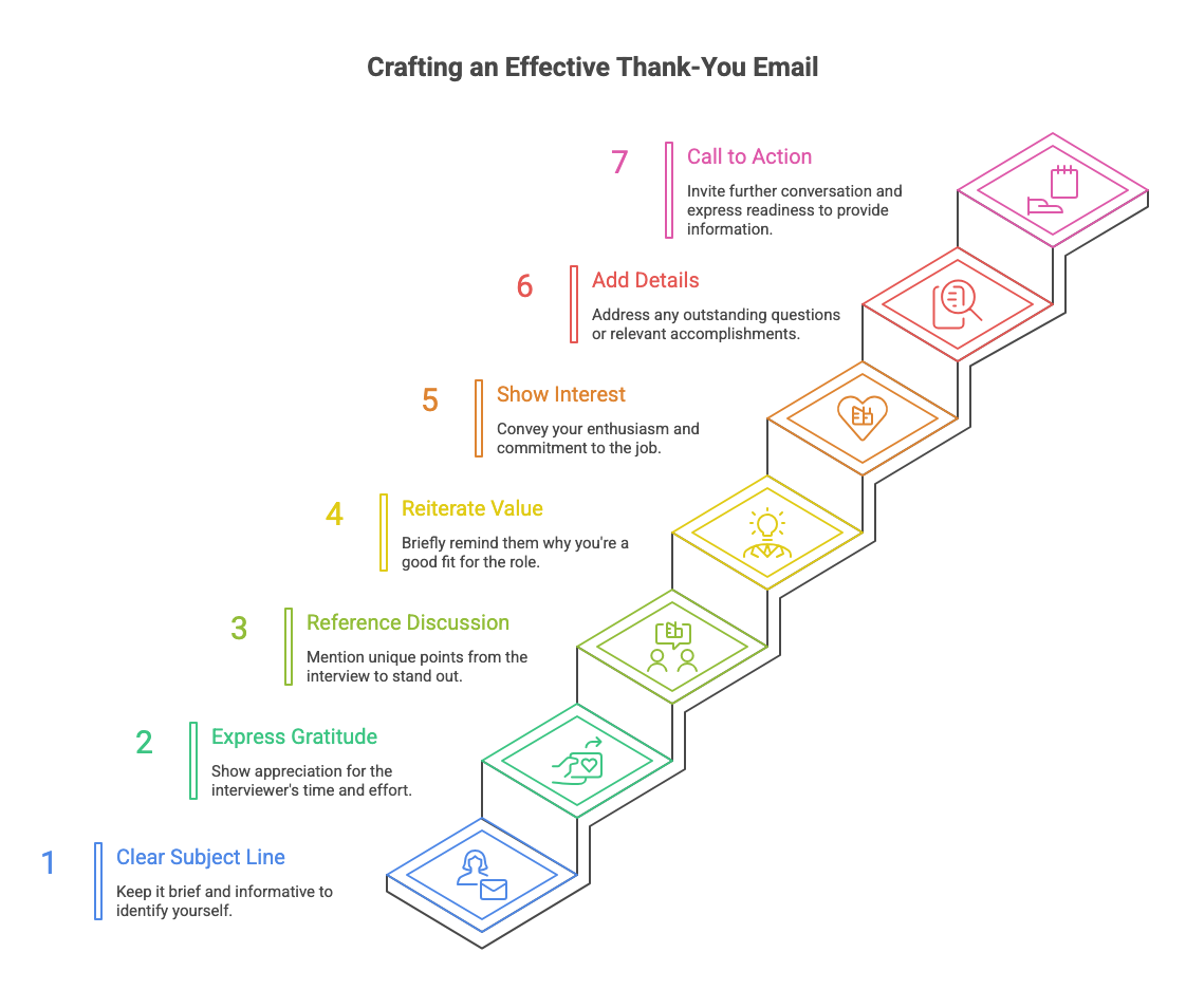 Colourful series of steps ascending to the top right and enumerated with the components to include in a post-interview thank-you email.