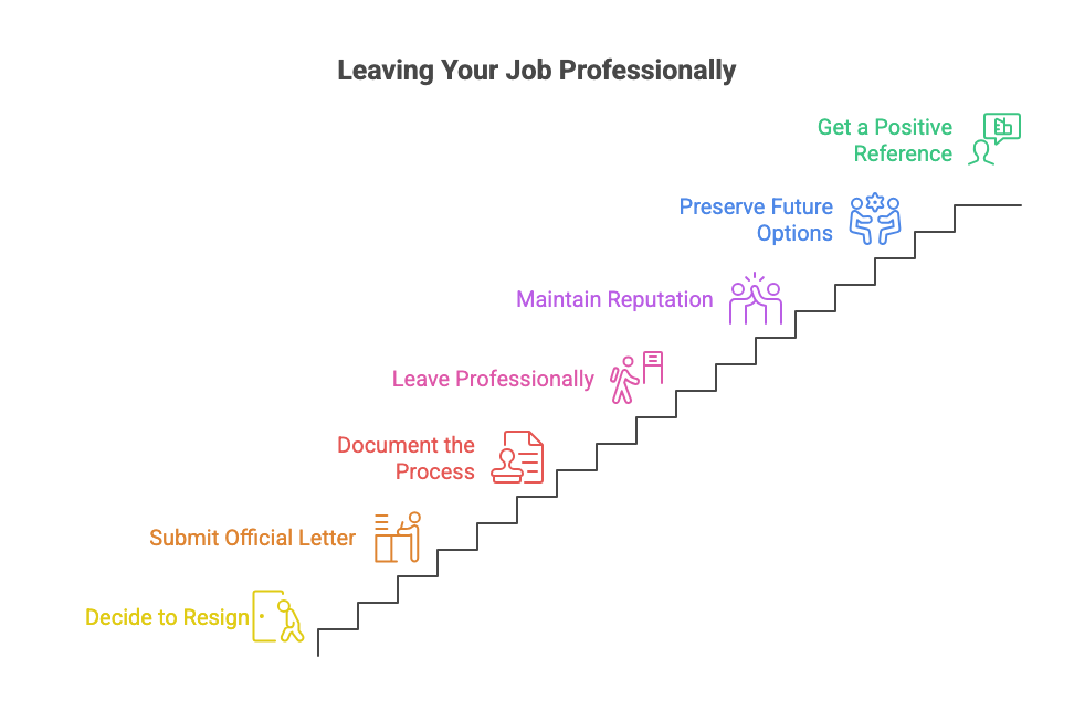 Colourful infographic of steps to take between deciding to leave your job and securing a positive reference.
