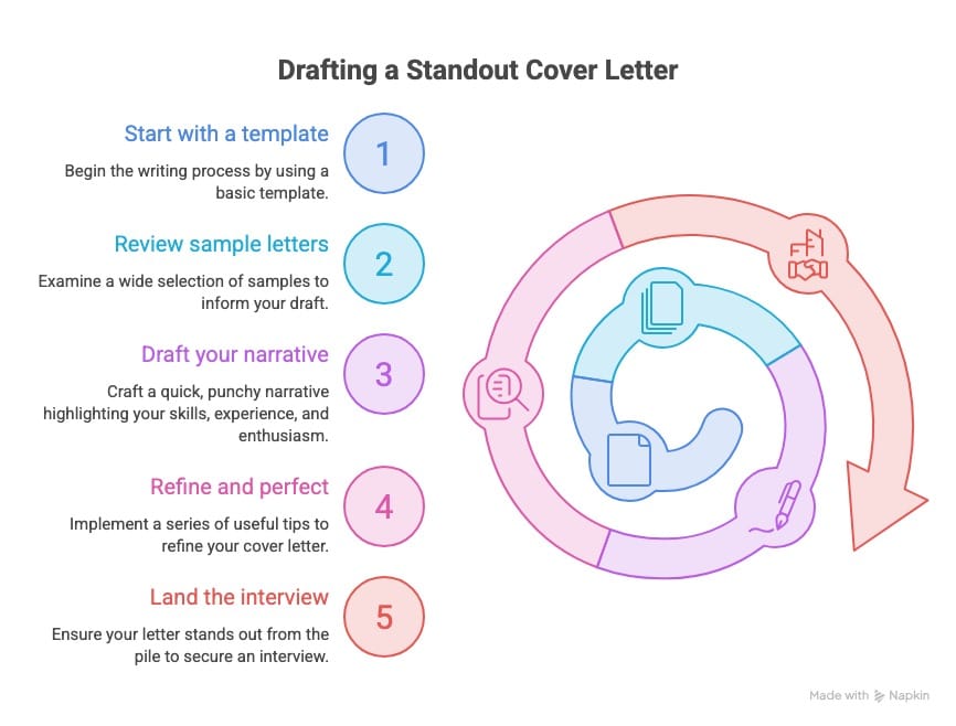A spiralling infographic showing the steps this guide will take you through for drafting a standout cover letter.