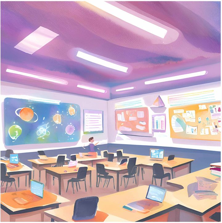 Illustrated classroom scene with teacher at the front of students' laptops