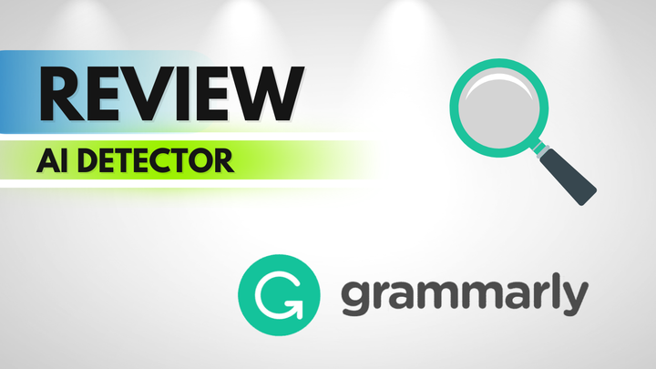 Review graphic for Grammarly AI Detector with magnifying glass and Grammarly logo