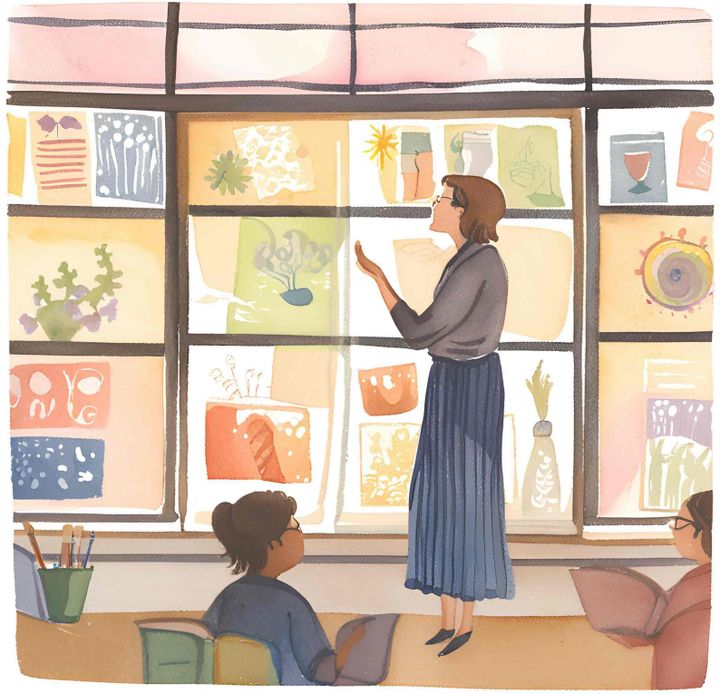 Watercolor illustration of a teacher presenting colorful student artwork to a class