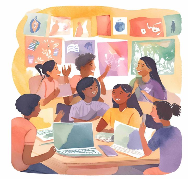 Watercolor illustration of students collaborating around a table in a creative classroom setting
