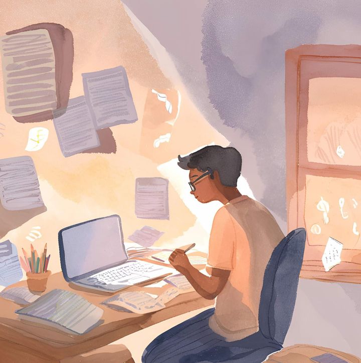 Watercolor illustration of a student studying at a desk with floating papers and an open laptop