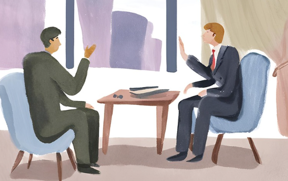 Watercolour of two businessmen doing an interview