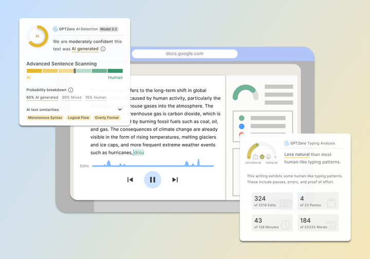 GPTZero AI detection interface showing sentence scanning, probability breakdown, and typing analysis alongside a Google Docs essay