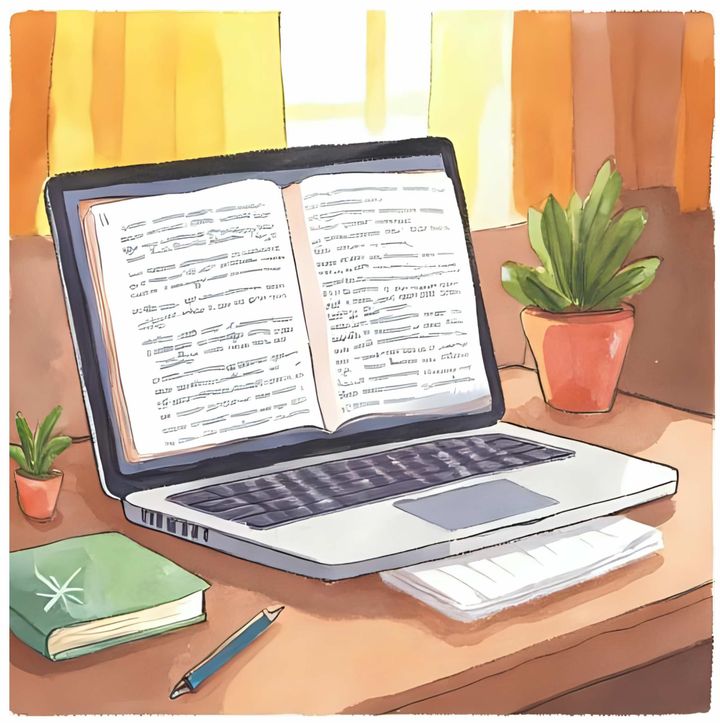 Watercolor illustration of an open book displayed on a laptop screen on a home desk