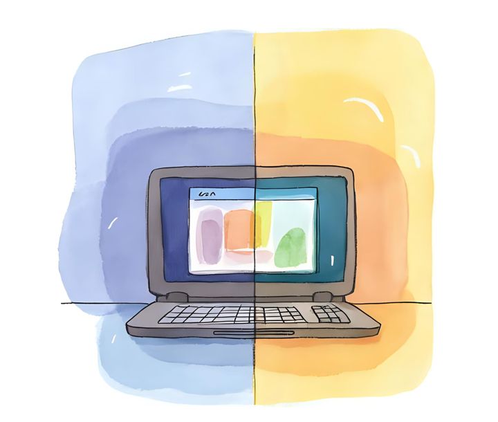 Watercolour-style illustration of a laptop computer split into blue and yellow halves, representing comparison of AI detection tools