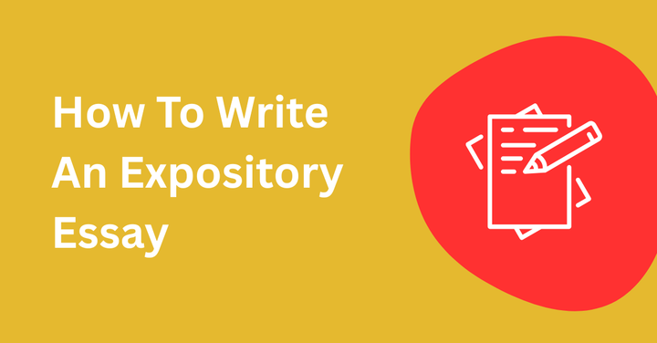 Cover graphic reading 'How To Write An Expository Essay' on gold background with pen and paper icon
