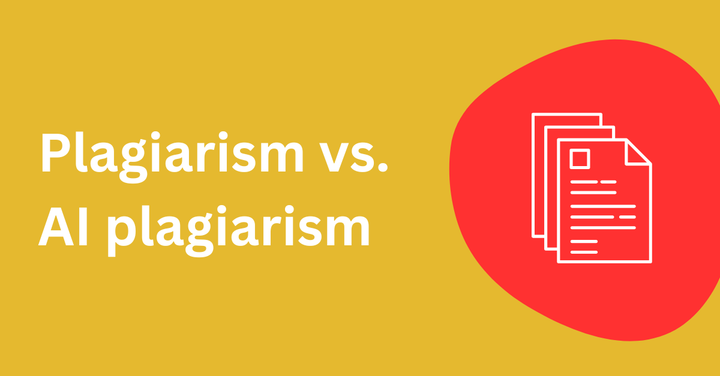 Cover image for blog post titled 'Plagiarism vs. AI Plagiarism' featuring a stack of documents icon on a yellow and red background