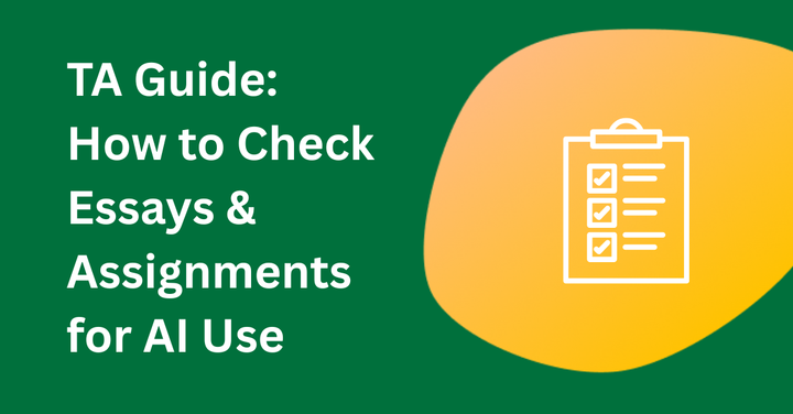 Cover image for blog post titled 'TA Guide: How to Check Essays & Assignments for AI Use' featuring a clipboard checklist icon on a green and orange background