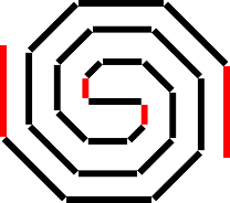 A clockwise dual spiral made of black rectangles, with red rectangles as accents on the beginning and end of the spiral.