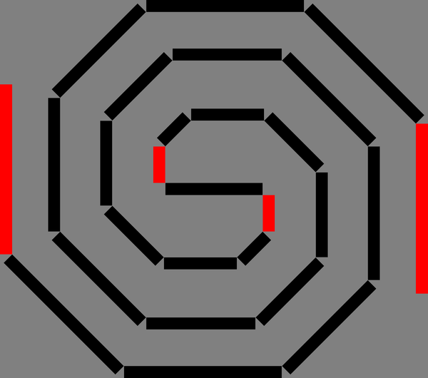 A clockwise dual spiral made of black rectangles, with red rectangles as accents on the beginning and end of the spiral.