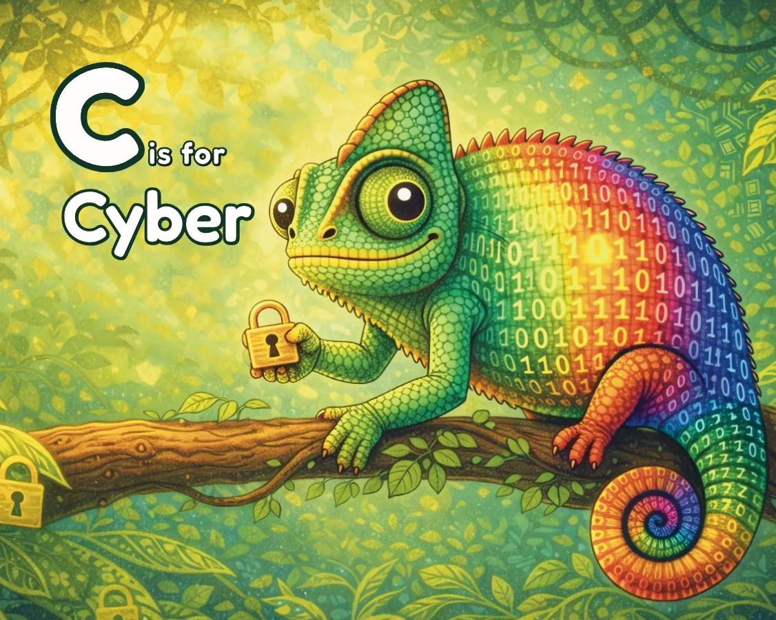 C is for Cyber Book Cover, Showing a Chameleon holding a padlock.