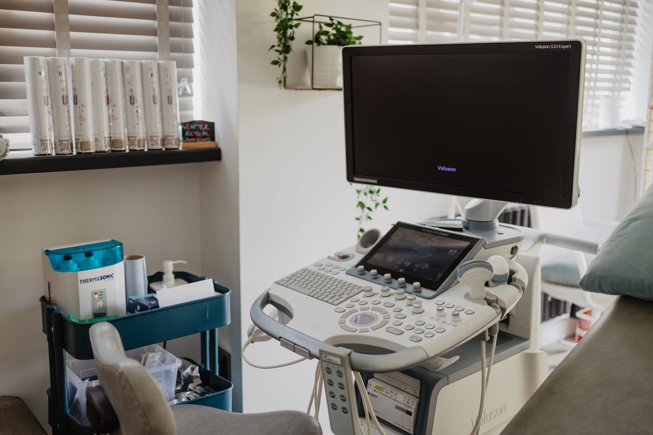 The GE Voluson women's health ultrasound machine used for private pregnancy scans in Barnstaple at Sneak-A-Peek Ultrasound.