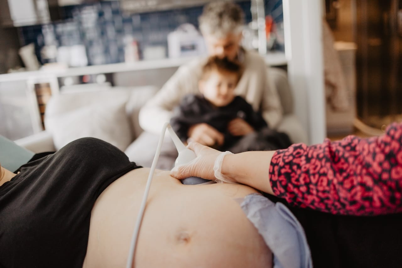 Father and son watch an early pregnancy scan in Barnstaple as guest at Sneak-A-Peek Ultrasound.