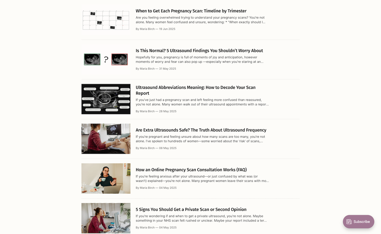 A screenshot of pregnancy scan advice articles on thescanlady.com.