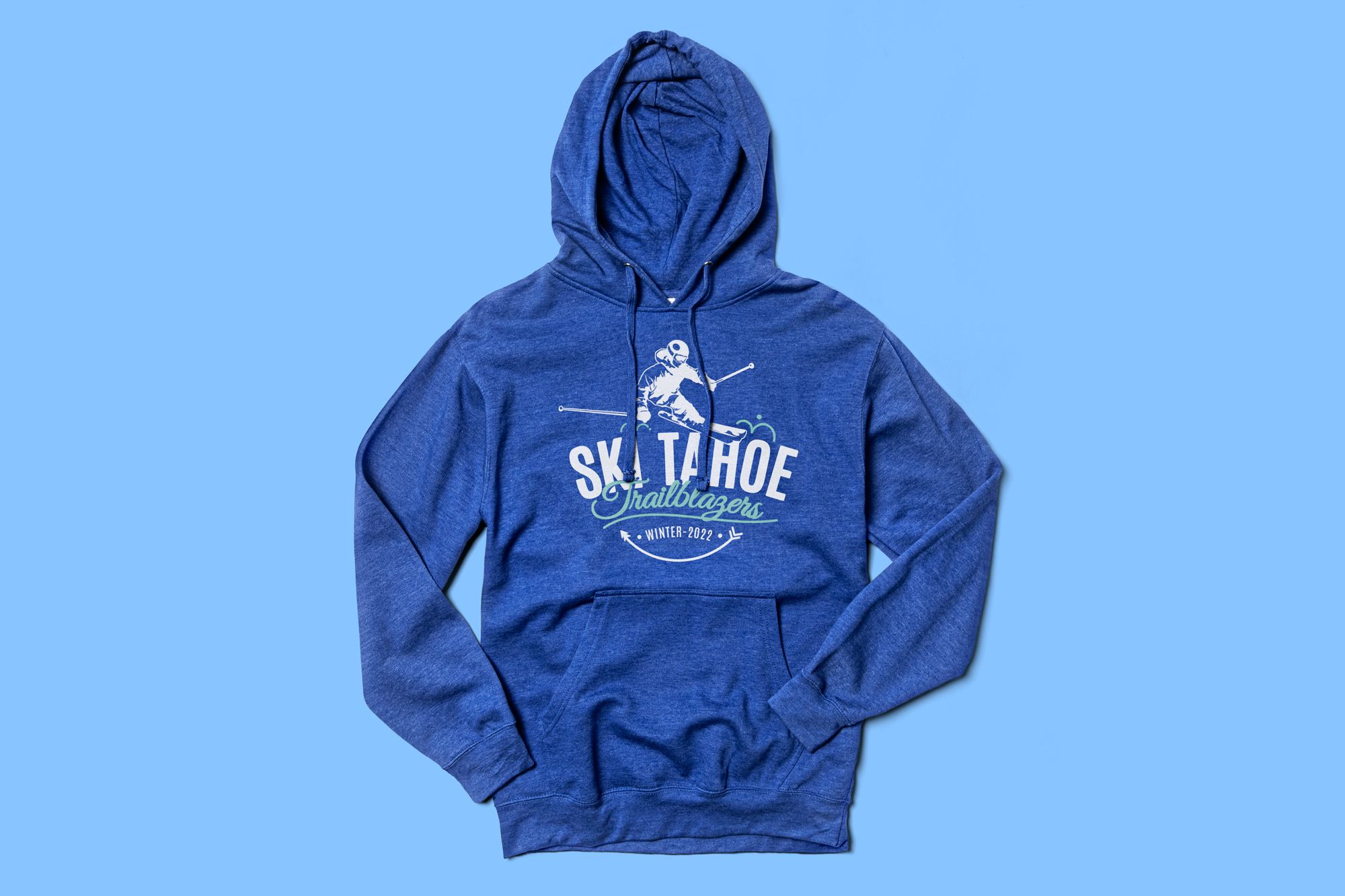 Flatlay of the Independent Trading Pullover Hoodie showing a custom ski design.