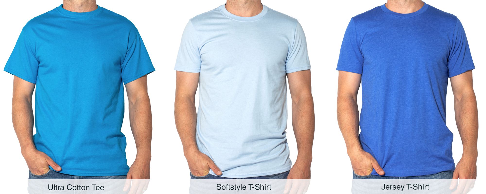 Product lineup comparing the fit of the Gildan Ultra Cotton Tee, the Gildan Softstyle T-Shirt, and the Bella Canvas Jersey T-Shirt.