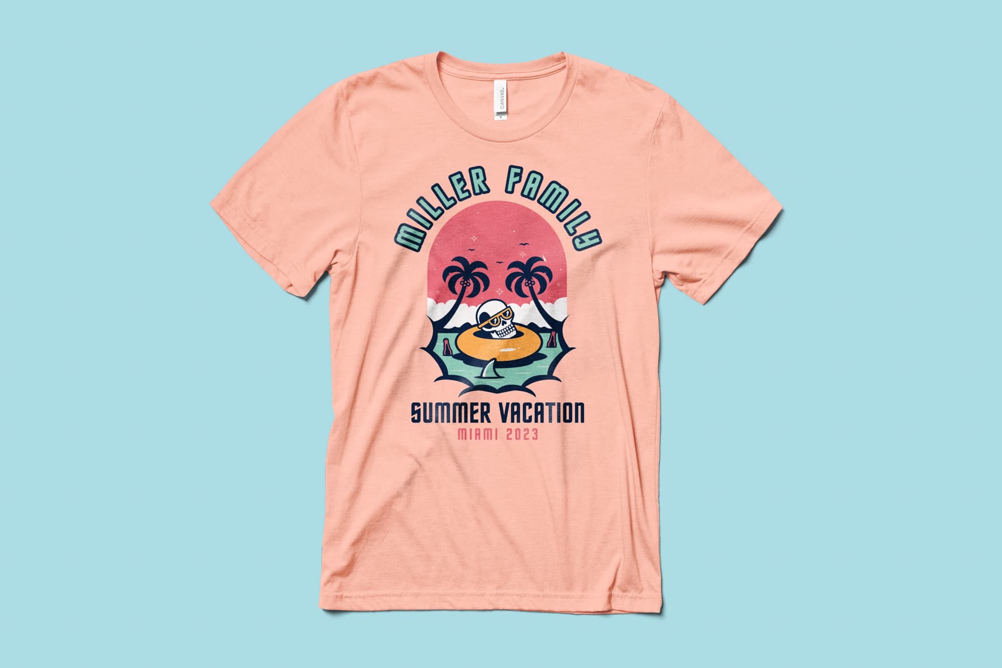 flatlay of a custom vacation t-shirt for a family trip to the beach.