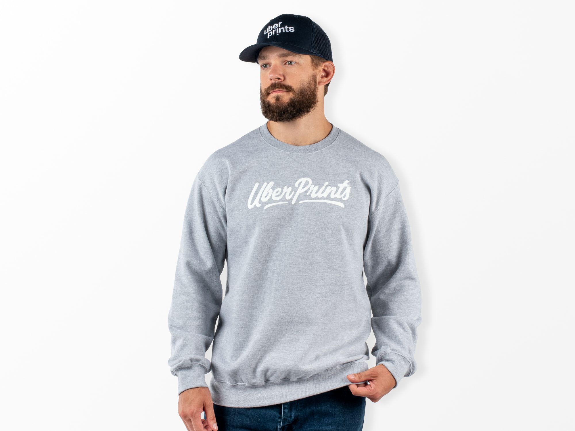 A male model wearing the Basic Crewneck to show fit
