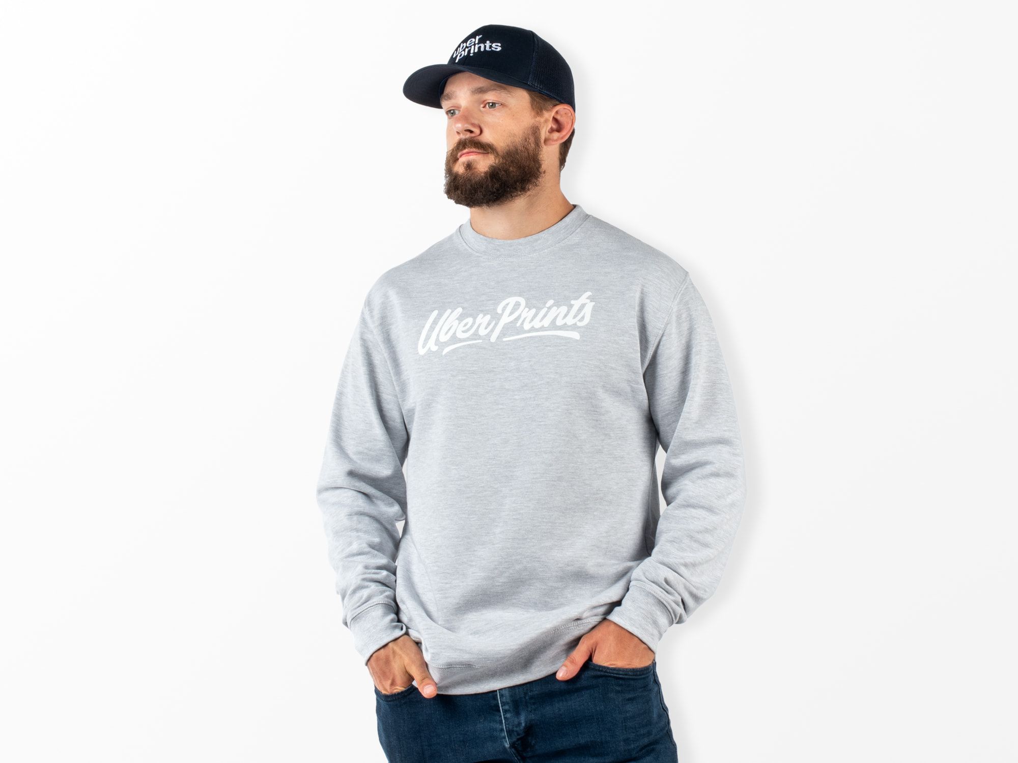 A male model wearing the Premium Crewneck to show fit